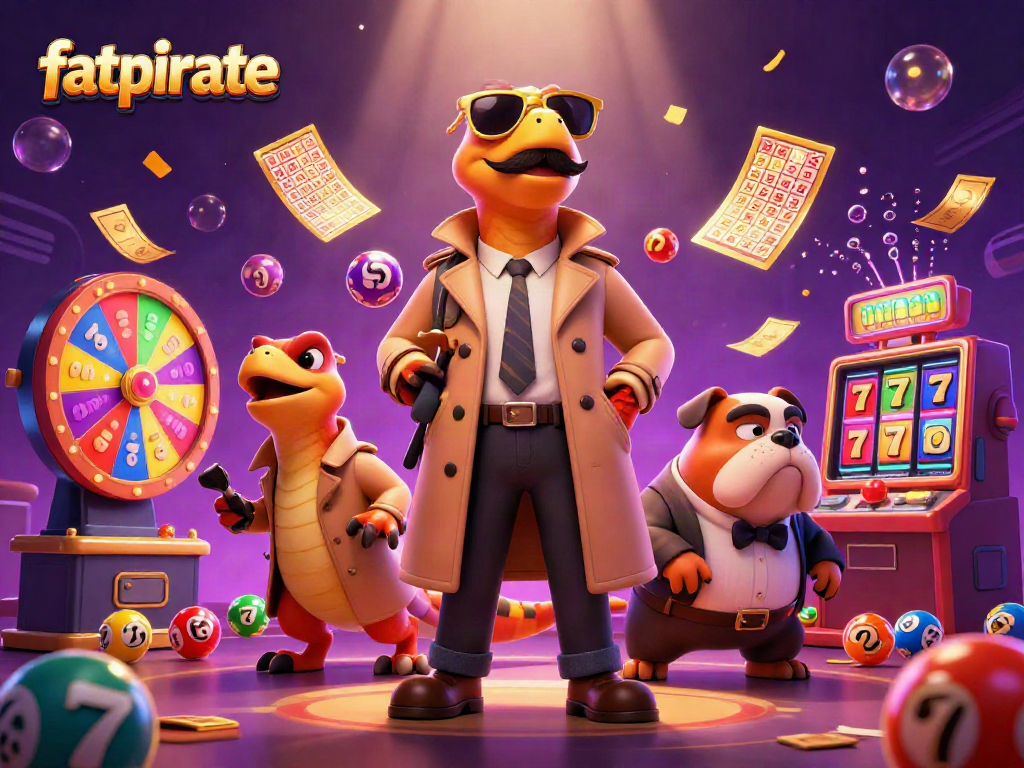 Play with fatpirate's exciting slot games surrounded by raptors and vibrant casino elements.