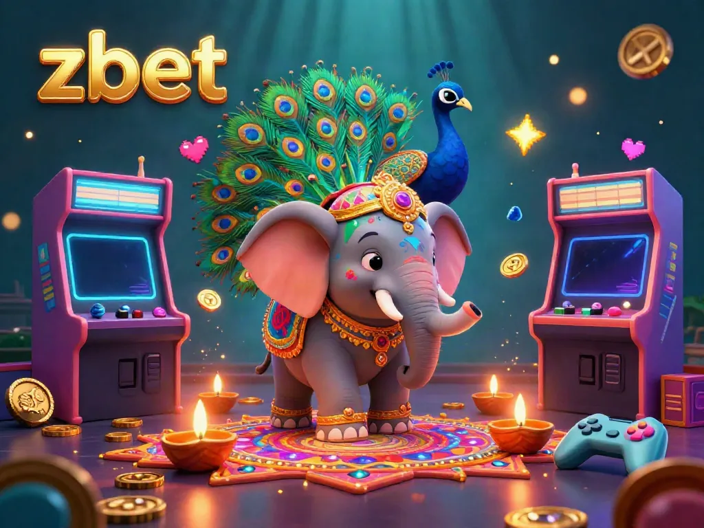 Experience the thrilling ambiance of zbet with a colorful 3D illustration featuring a Diwali-themed elephant and peacock amidst vibrant gaming elements.