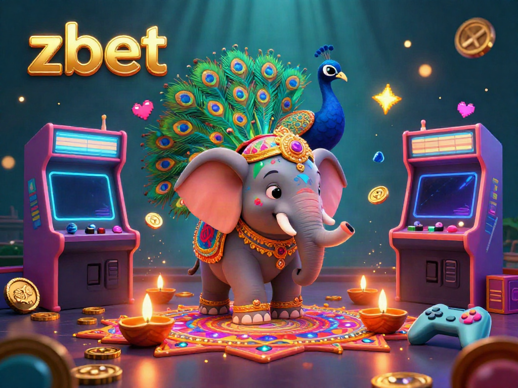 Experience the thrilling ambiance of zbet with a colorful 3D illustration featuring a Diwali-themed elephant and peacock amidst vibrant gaming elements.