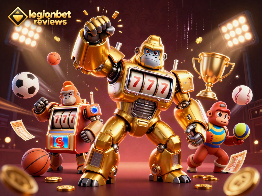 See legionbet reviews highlighted in dynamic 3D casino-themed illustration with game elements.