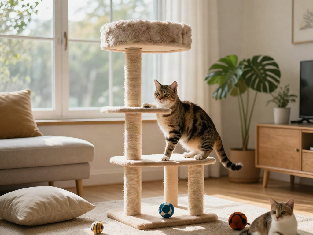 Playful cat on a multi-level cat cat tree in a bright living room.