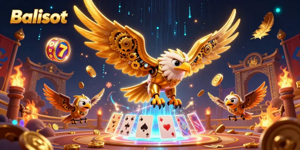 Balislot slots with vibrant hues, showcasing golden eagle and dynamic casino elements for gameplay.