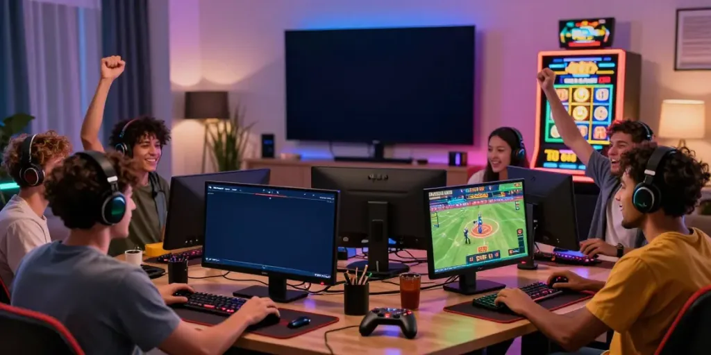 Exciting DEBET online gaming scene with friends playing various games and cheering for sports.