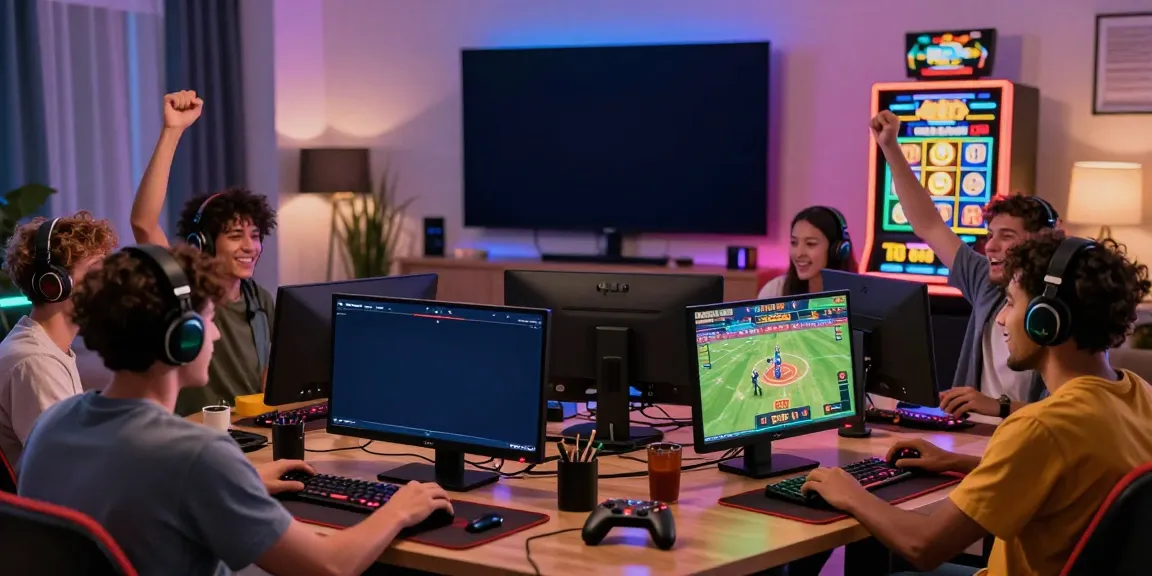 Exciting DEBET online gaming scene with friends playing various games and cheering for sports.