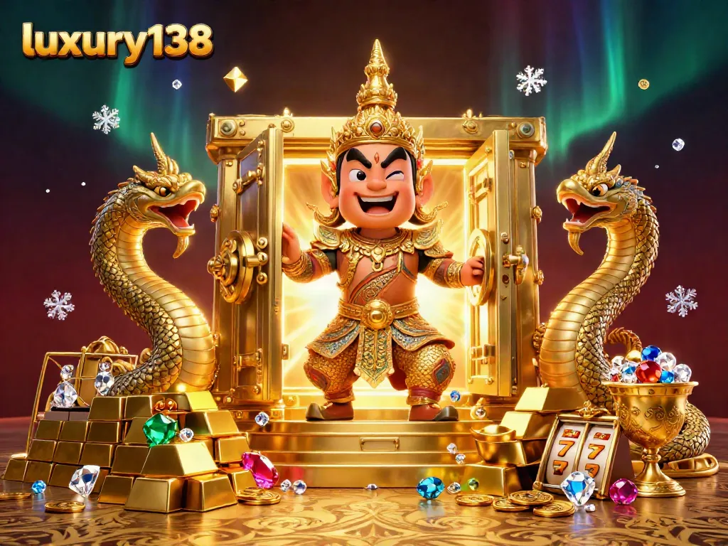 Experience luxury138 with dynamic slots, golden treasures, and vibrant casino elements in an engaging 3D illustration.