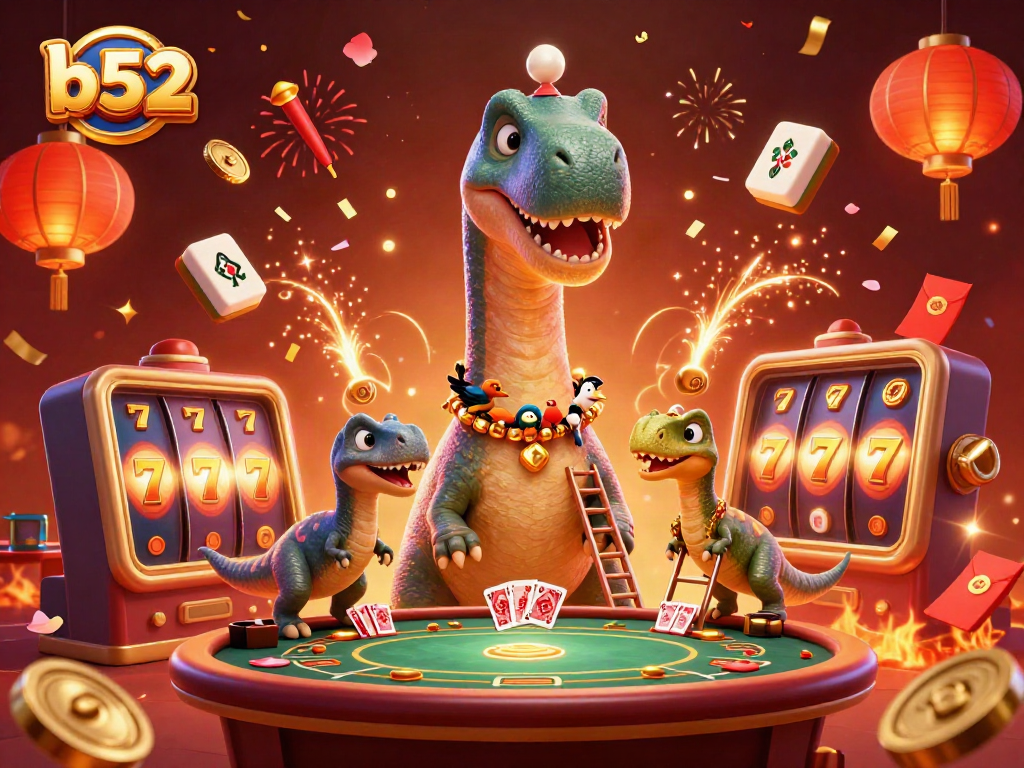 Experience thrilling b52 gameplay with a brontosaurus and raptor in a dynamic casino scene.