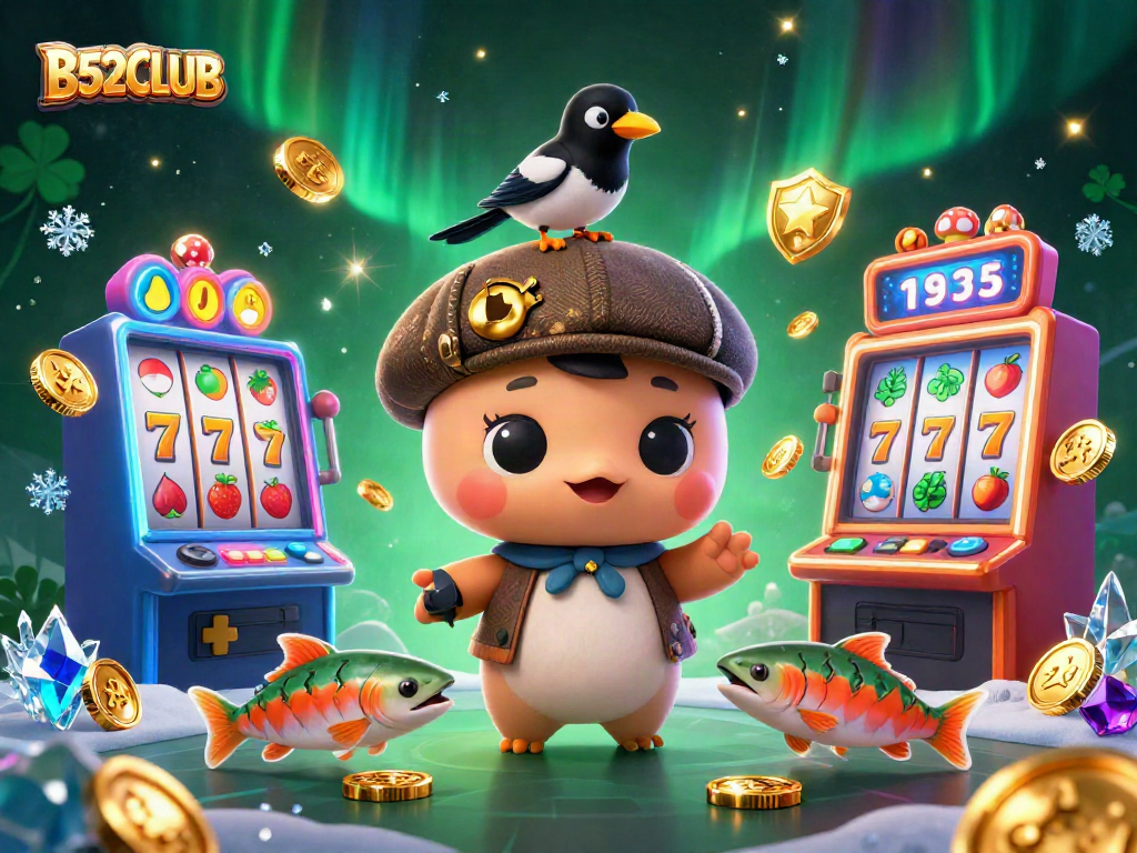 Win big at B52CLUB with a vibrant scene featuring a playful Loch Ness monster and casino elements.
