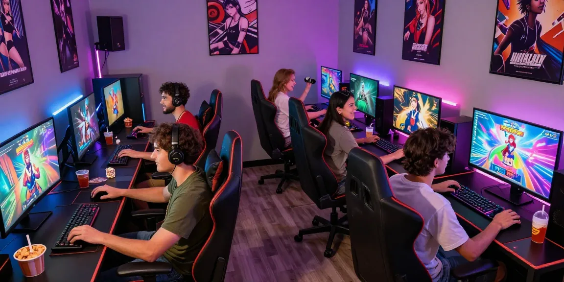 Friends enjoying an engaging hentai game session in a vibrant gaming lounge.