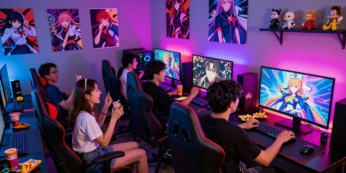Friends enjoying ecchi games in a vibrant gaming room with snacks and colorful lighting.