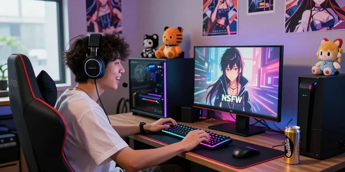 Gamer interacting with NSFW ecchi AI character in a vibrant gaming lounge