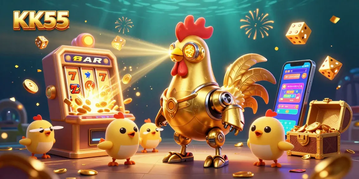 Laser-engraving golden patterns by KK55's futuristic golden rooster robot in a vibrant casino scene.