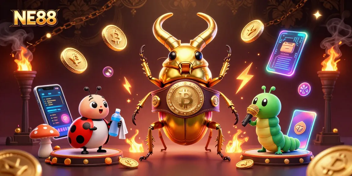 Engage with NE88 gaming excitement through a vibrant 3D casino scene featuring unique characters.
