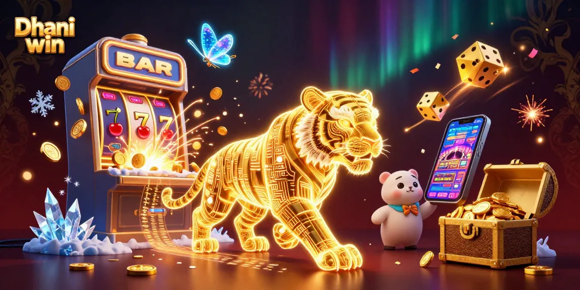Experience thrilling gameplay on Dhani win with a vibrant casino scene featuring dynamic slot machines and a golden tiger.