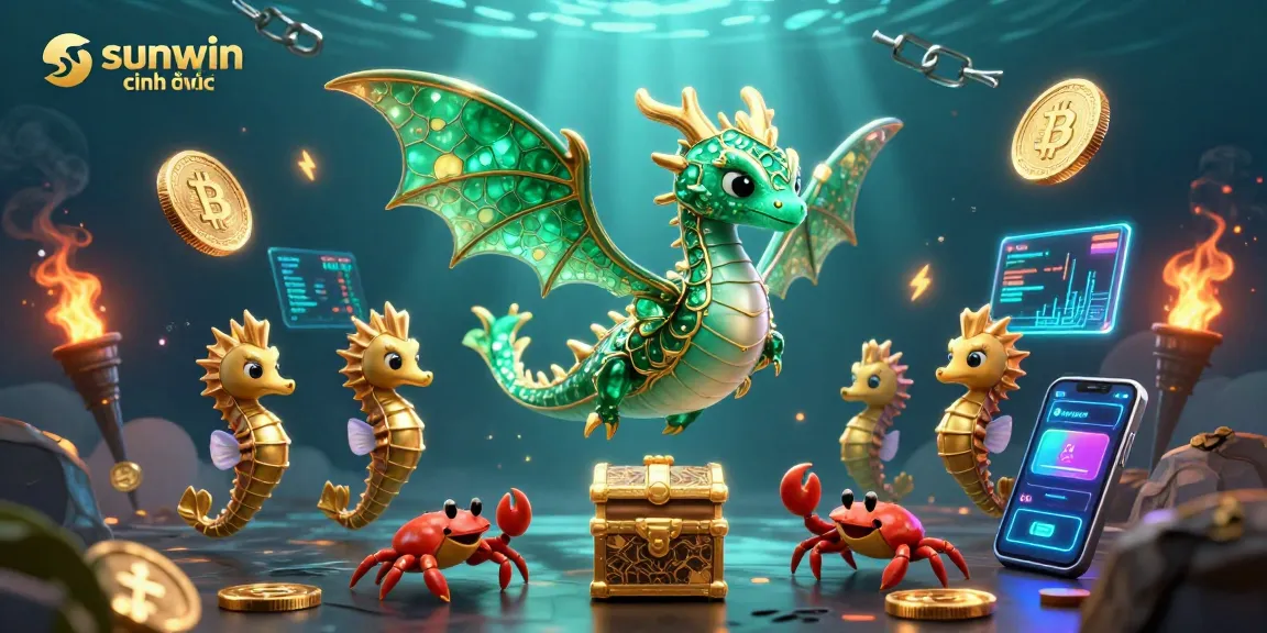 Join the action at sunwin chính thức with a vibrant scene featuring a sea dragon, treasure, and crypto coins.
